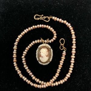 Extasia Feminine Hand Carved Shell Cameo on Beautiful Seed Pearl Necklace